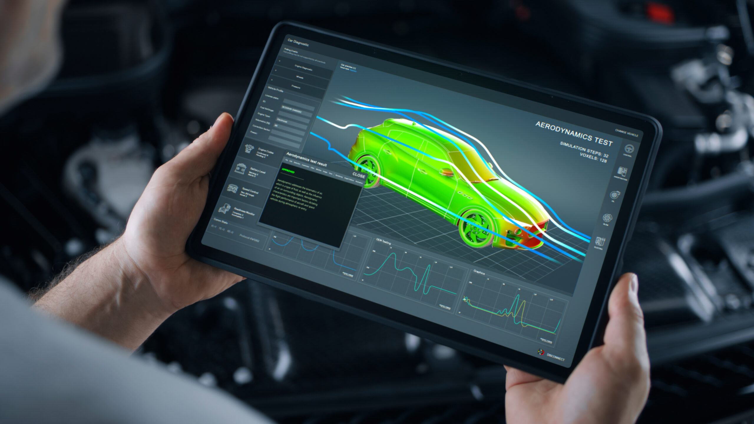 On screen tablet software for testing vehicle aerodynamics