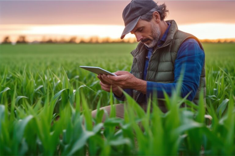 A modern farmer in a corn field using a digital tablet to review