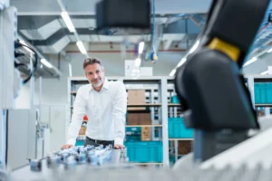 A man looking at a robotic arm. The image accompanying the IFS portal blog