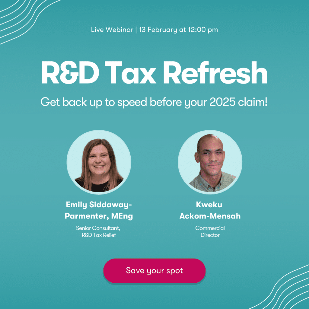 A graphic promoting GrantTree's upcoming R&D Tax Refresh Webinar