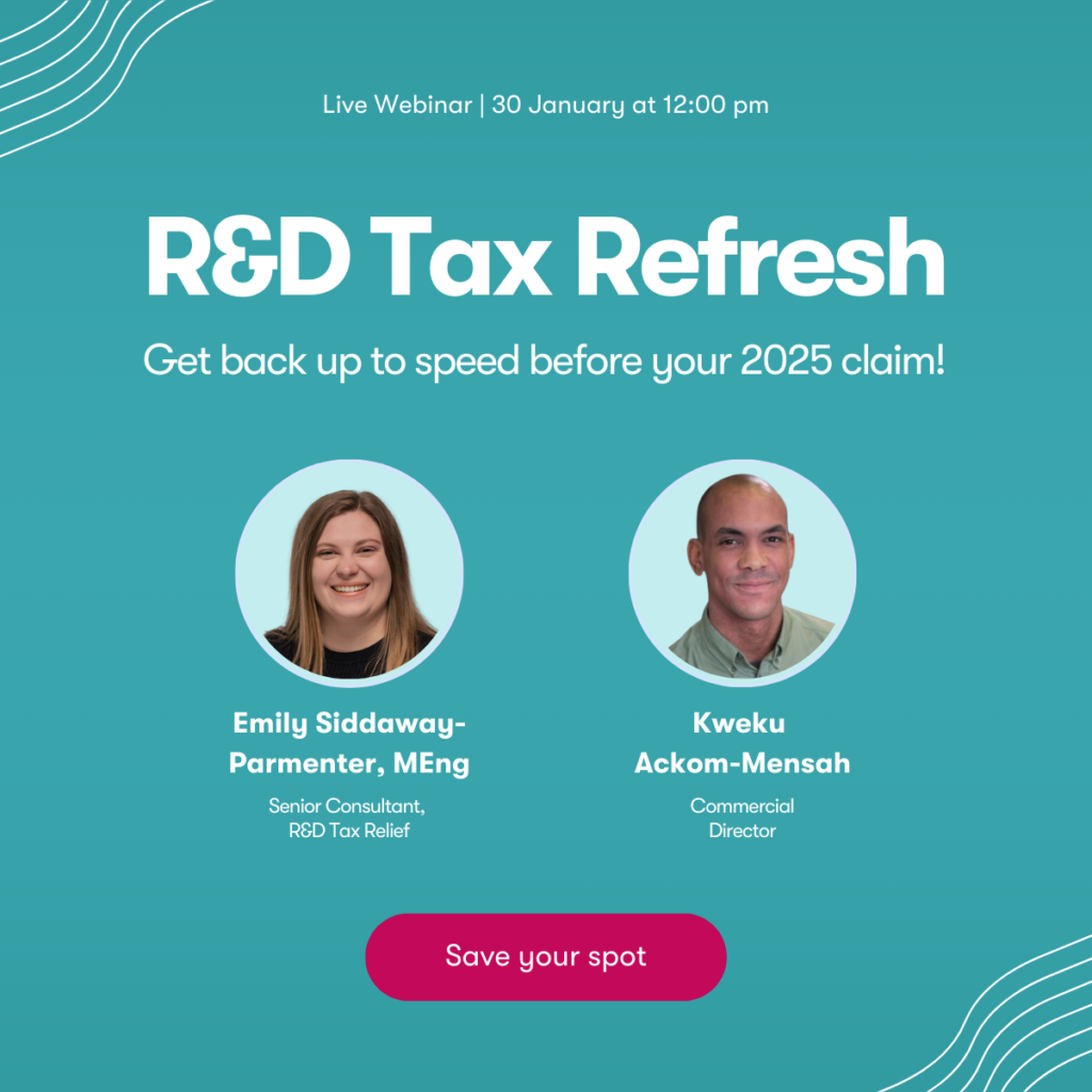 An image promoting GrantTree's R&D Tax Relief refresher webinar, helping financial decision makers get back up to speed with the latest changes to the R&D Tax Relief scheme