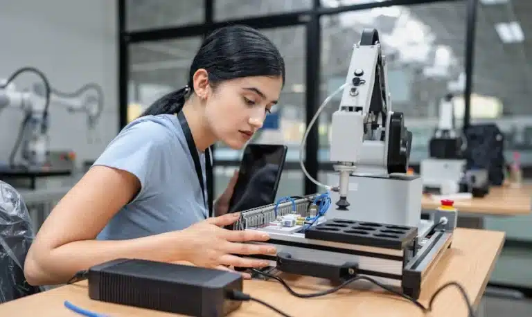An image of an engineering working with a robotic arm.