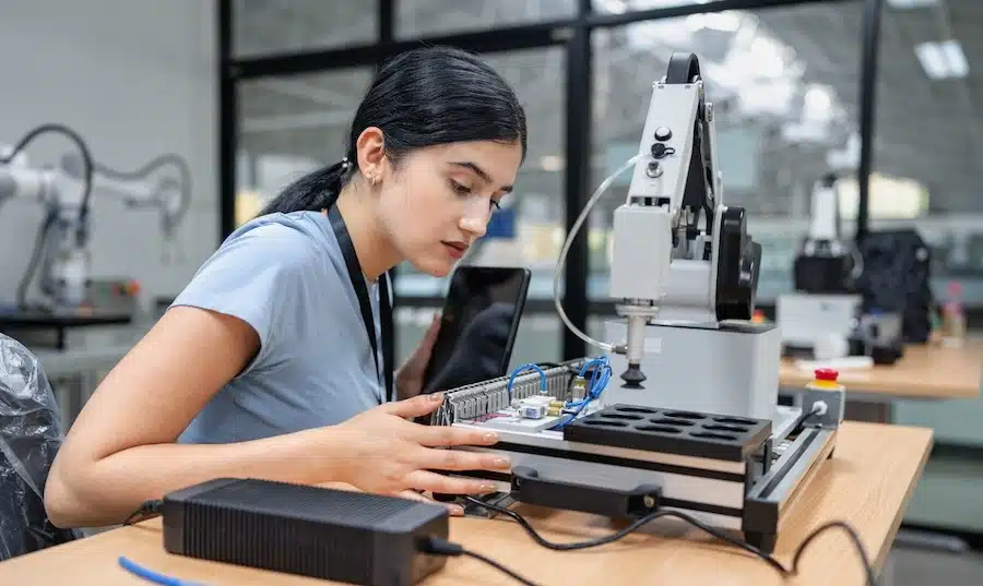 An image of an engineering working with a robotic arm.
