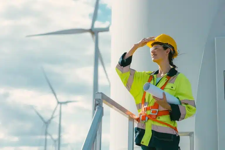 Image of an engineer looking at a wind turbine. Accompanying grantTree's blog about the Investor Partnerships competition.