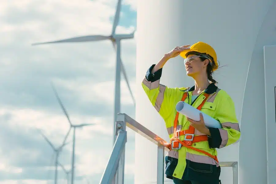 Image of an engineer looking at a wind turbine. Accompanying grantTree's blog about the Investor Partnerships competition.