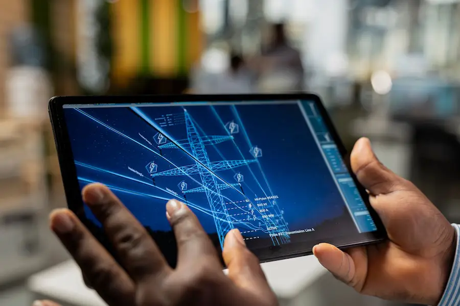 Image accompanying GrantTree's blog about the Ofgem Strategic Innovation Fund Round 5. The image shows a person holding a tablet displaying blueprints for power lines.