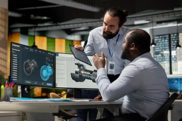 Two colleagues discussing information on a tablet. One is sat in front of two computer monitors, the other is standing