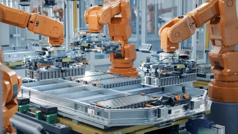 Three robots assembling batteries on an assembly line
