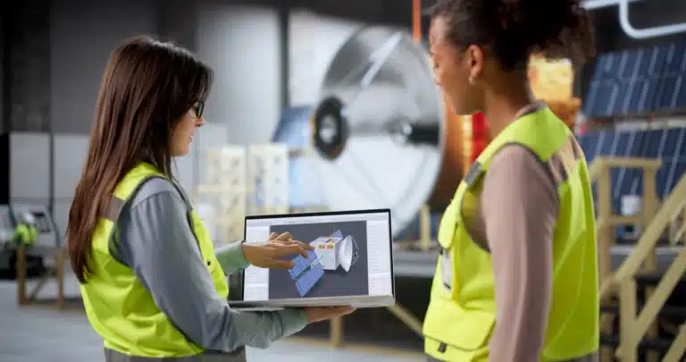 Two people looking at designs for a satellite - an image accompanying GrantTree's blog on Advanced Manufacturing