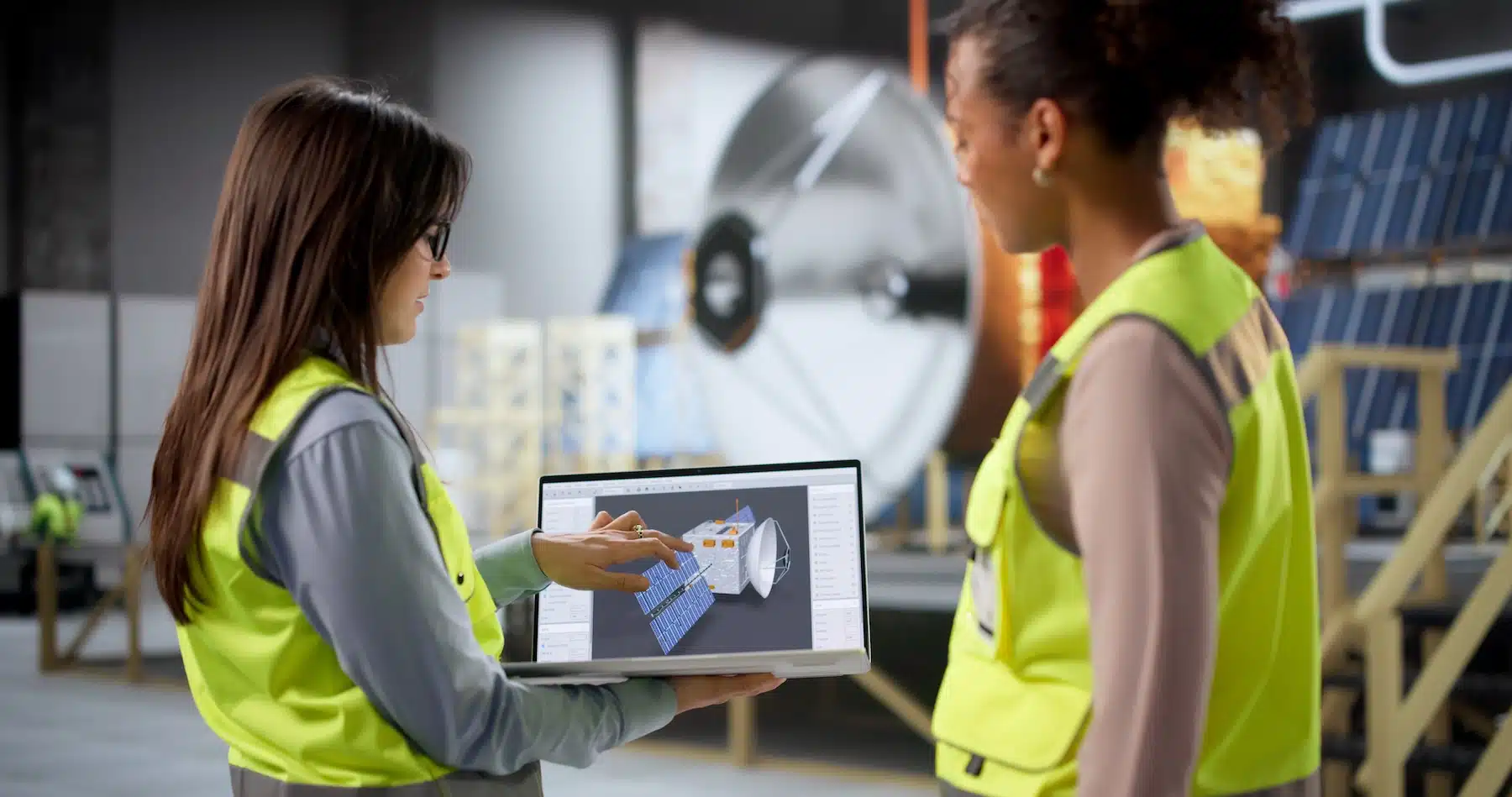 Two people looking at designs for a satellite - an image accompanying GrantTree's blog on Advanced Manufacturing