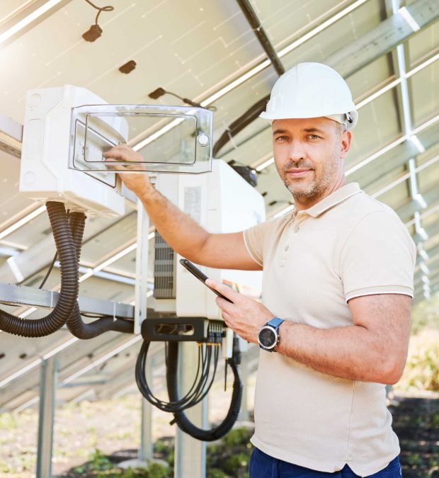 Man adjusting electric switchboard according to instuctions. Male worker checking if switchers turned on. Man in helmet turning on switcher on back side of solar system.