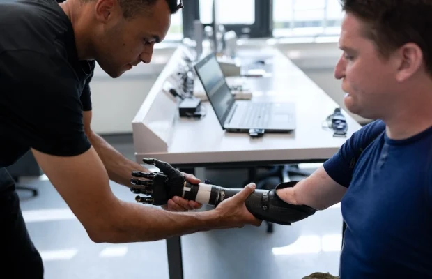 One person fitting another with a robotic arm. This image accompanies GrantTree's blog about business grants for UK startups