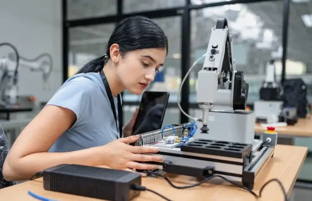 An image of an engineering working with a robotic arm. This image accompanies our guide to European Innovation Council (EIC) grant funding