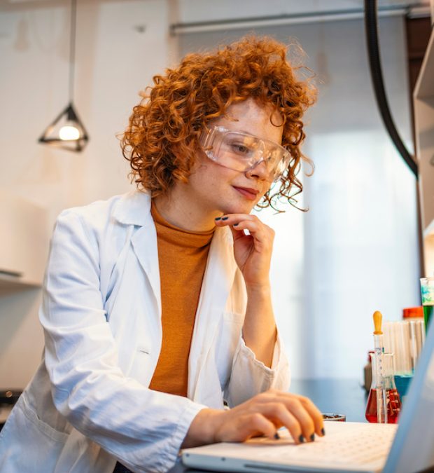 Female scientist working in laboratory. Working in lab. Portrait of confident female scientist working on laptop in chemical laboratory. Smiling female chemist using laptop for medical research in a laboratory